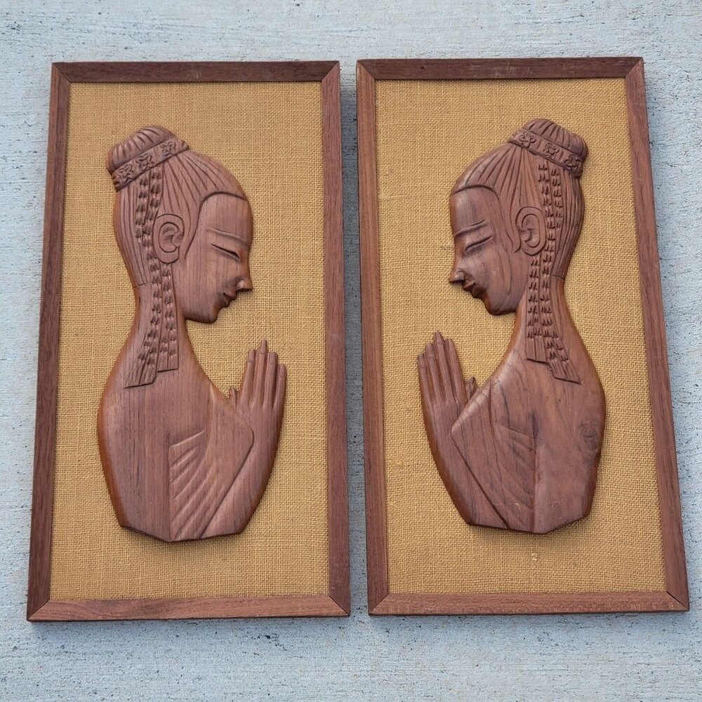 Pair of 2 Framed MCM Asian Women Girls Praying Burlap Background Wood Relief 3D